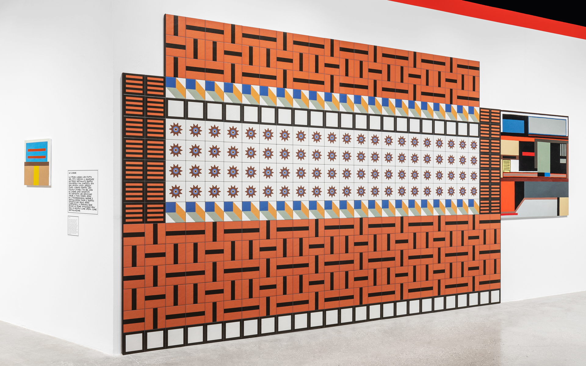 Nathalie Du Pasquier, Campo di Marte. Exhibition view.  Mattonelle Margherita, oil on canvas, digital printing on paper. SOLO/MULTI, Museum for Preventive Imagination, MACRO 2021. Courtesy the artist. 