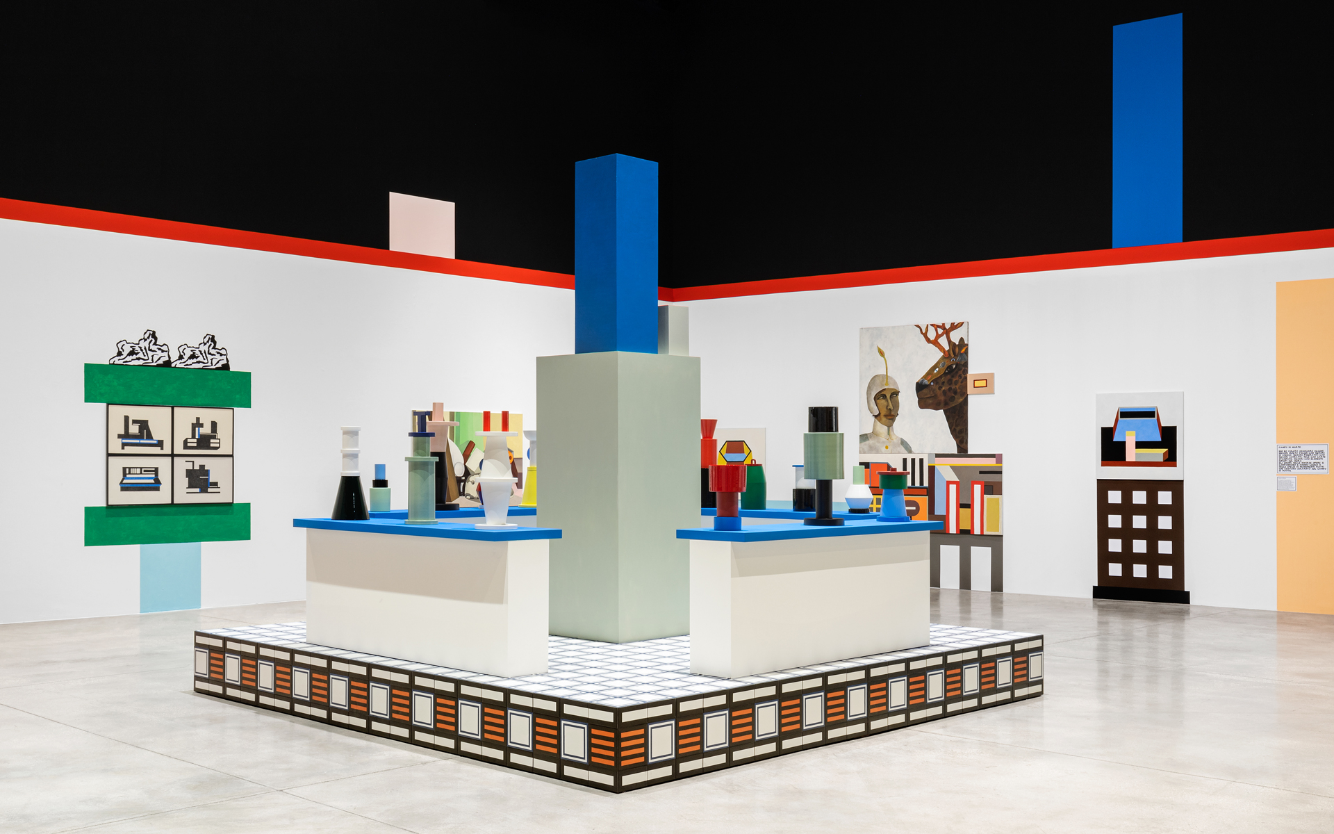 Nathalie Du Pasquier, Campo di Marte. Exhibition view.  Mattonelle Margherita, oil on canvas, ceramics, coloured drawing on paper, digital printing on paper, painted wood. SOLO/MULTI, Museum for Preventive Imagination, MACRO 2021. Courtesy the artist.  