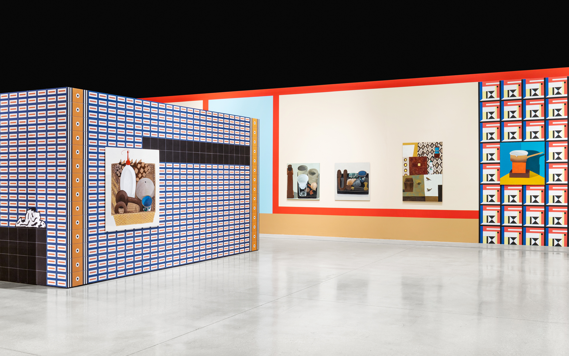 Nathalie Du Pasquier, Campo di Marte. Exhibition view. Mattonelle Margherita, oil on canvas, oil on framed paper, oil on mdf, digital printing on paper, painted wood. SOLO/MULTI, Museum for Preventive Imagination, MACRO 2021. Courtesy the artist. 